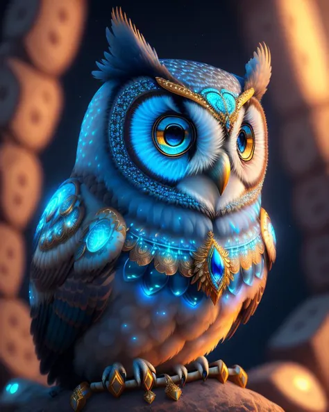 a digital painting of an owl with blue eyes, unreal engine render + a goddess, very detailed , beeple global illumination, elaborate ornate jewellery, trending on cgisociety, motion graphics, rossdraws global illumination, cgsociety