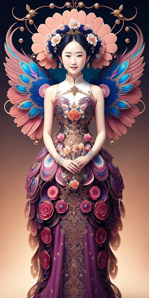 mechanical android flower by, earnst haeckel, james jean. generative art, baroque, intricate patterns, fractalism, movie still, photorealistic, vibrant peacock feathers, intricate, elegant, highly detailed, digital painting, artstation, smooth, sharp focus, illustration, outrun, vaporware,depth of field,full body shot,
1 girl,liuyifei,wedding dress,smile