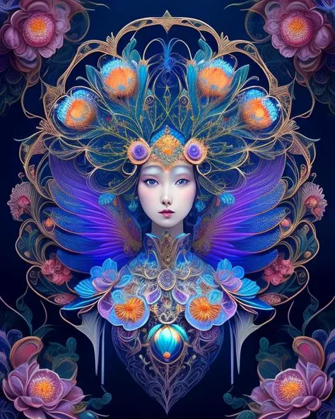mechanical android flower by, earnst haeckel, james jean. generative art, baroque, intricate patterns, fractalism, movie still, photorealistic, vibrant peacock feathers, intricate, elegant, highly detailed, digital painting, artstation, smooth, sharp focus, illustration, outrun, vaporware