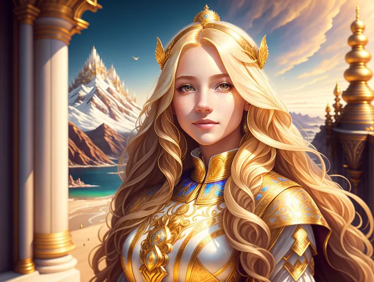 ((Masterpiece )) portrait of a Beautiful Humanoid Princess with long blonde hair, ((standing next to a beautiful view)), Hopeful Happy expression, ornate white officers outfit with gold embellishments, intricate, elegant, highly detailed, digital painting, volumetric lighting and shadows, Vivid colors, concept art, smooth, sharp focus, illustration, art by artgerm and greg rutkowski and alphonse mucha,
(high detailed skin:1.2), 16k uhd, hdr, dslr, high quality, film grain, Fujifilm XT3