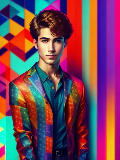 Portreit of a handsome confident man, rimlight, geometric pattern on the clothes, colorful background