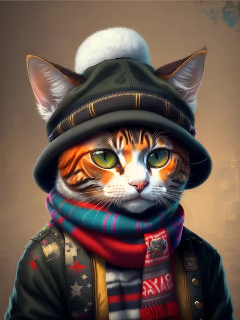 a painting of a cat wearing a hat and scarf, trend in art station, dressed in punk clothing, hyper realistic detailed render, british gang member, urban style, intimidating pose, planet of the cats, trendy clothes, urban samurai, meow, west slav features, 8 1 5