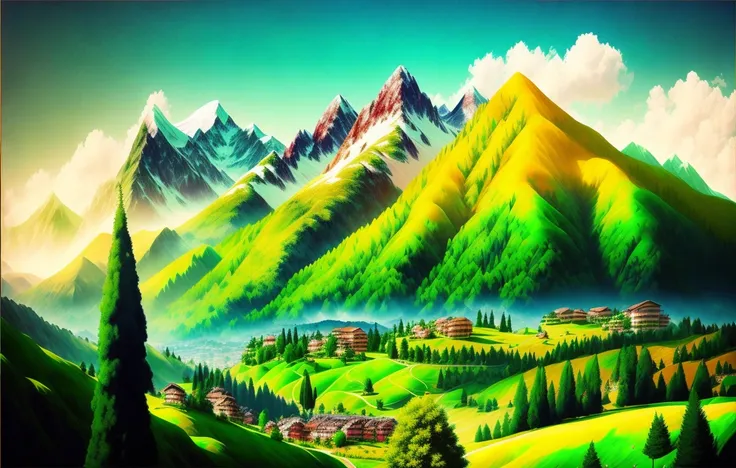a green valley with mountains in the background, amazing professional picture, the alps are in the background, realistic photo of a town, inspired by Andries Both, sweaty mountain, italian flag, yellow and greens, greed, unique environment, tall pine trees, hgh, quaint, pieces of land