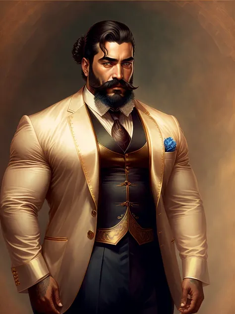 a man with a beard and mustache wearing a suit, realistic fantasy photography, big arms, bolero, mexican, he is about 50 years old, dynamic character design, high collar, robust stocky body, persian, in victorian aristocrat, full - body artwork