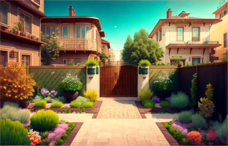 retrofuturism style, The old town streets , Backyard Fence , Garden