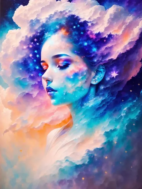 woman made of clouds, cloud body, stars background, stunningly beautiful, masterpiece, detailed background, (full body portrait:1.1), celestial background, ultra high quality model, ethereal background, abstract beauty, explosive volumetric, oil painting, heavy strokes, paint dripping, volumetric clouds, iridescent stars, sunset,