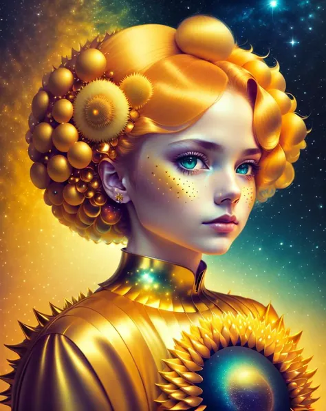 colorpop style, a photographic mugshot portrait of the sun surrounded by orbiting planets moons, golden spiky hair, natalie shau, mark ryden, alberto seveso, brooke shaden, anna dittmann, flora borsi, 8k resolution, perfect composition, milky way