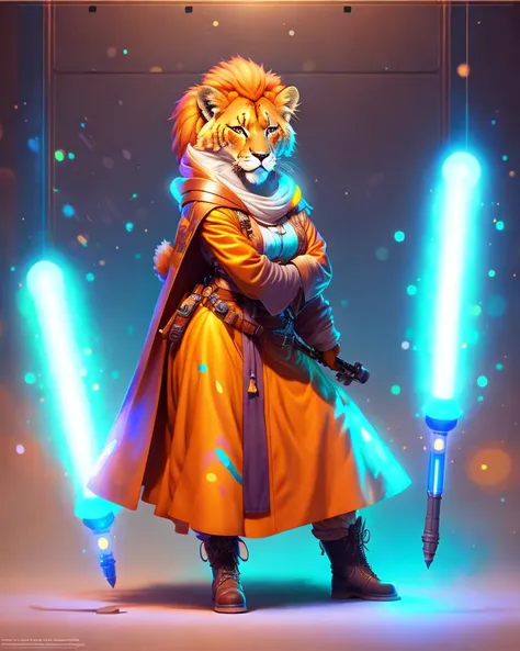 color fun, detailed professional portrait of a female anthropomorphic lioness fursona wearing jedi robes. leather gloves and boots in an action pose with her hands on each other's shoulder behind the character holding lightsaber drawn by don bluth high quality art at 4 k 3 dd realistic render volumetric lighting subsurface scattering shiny skin cyberpunk 2077 colors octane blender cgsociety full body trending conceptartstation very coherent symmetrical