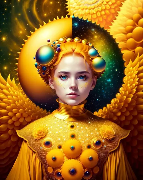 colorpop style, a photographic mugshot portrait of the sun surrounded by orbiting planets moons, golden spiky hair, natalie shau, mark ryden, alberto seveso, brooke shaden, anna dittmann, flora borsi, 8k resolution, perfect composition, milky way