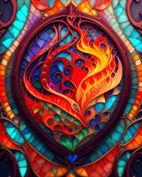 fire, scary, Art Nouveau, Digital Painting, upper body shot, textured, Faded, Mosaic, multicoloured colors, Metalheart, spot lighting, Ultra-realistic, highly detailed, natural lighting, ocean environment, Unity engine, 8k