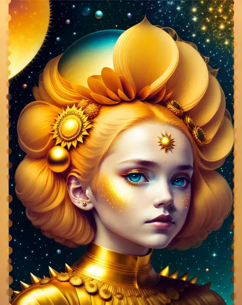 colorpop style, a photographic mugshot portrait of the sun surrounded by orbiting planets moons, golden spiky hair, natalie shau, mark ryden, alberto seveso, brooke shaden, anna dittmann, flora borsi, 8k resolution, perfect composition, milky way