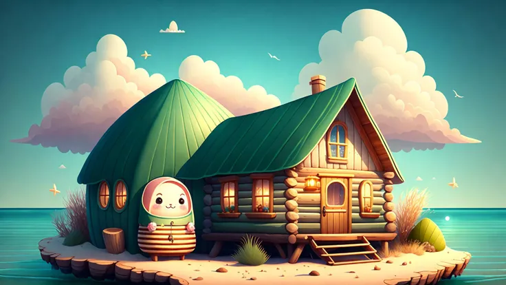 Cute and adorable cartoon it baby of outdoors, fantasy, dreamlike, surrealism, super cute, trending on artstation,beach,log cabin,