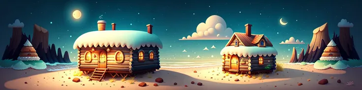 Cute and adorable cartoon it baby of outdoors, fantasy, dreamlike, surrealism, super cute, trending on artstation,beach,log cabin,