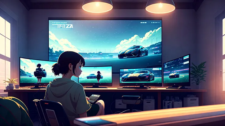 a girl is playing forza  racing game at a modern computer with triple screen in a room full of gadgets, snown ,web developer, by makoto shinkai and ghibli studio, outlined silhouettes, dramatic lighting, highly detailed, incredible quality, trending on artstation, masterpiece, 8k,
