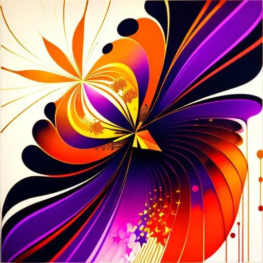an abstract painting of a Flower with gold stars, in the style of color gradients, dark violet and light orange, dreamy portraits, colorful curves, ethereal creatures, expressionist A distorted cityscape with buildings twisted into grotesque forms, as if the very fabric of reality was unraveling in a swirl of turbulent colors and chaotic brushstrokes. . raw, emotional, dynamic, distortion for emotional effect, vibrant, use of unusual colors, detailed