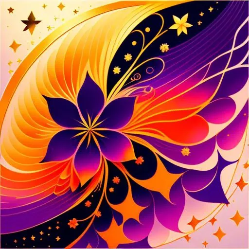 an abstract painting of a Flower with gold stars, in the style of color gradients, dark violet and light orange, dreamy portraits, colorful curves, ethereal creatures