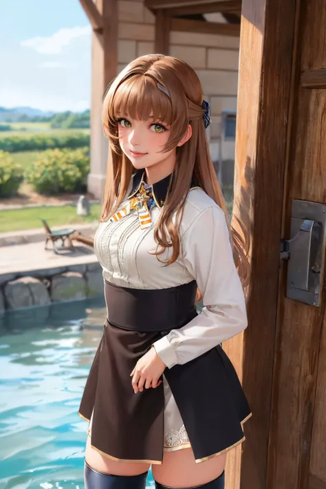 (masterpiece, best quality:1.2), <lyco:kancolle_helena-10:1.0>, cowboy shot, solo, 1girl, kchelena, smile, looking at viewer, wading, military, neck ribbon, long sleeves, black skirt, thighhighs