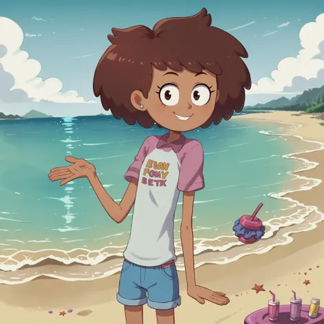 <lora:Amphibas_Anne_Boonchuy-000033:0.7> Anne Boonchuy, ((1girl)), ((((short)))), (short torso), beach, shirt, shorts, ((score_9)), looking at viewer, smiling, anime