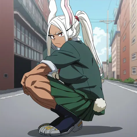 score_9, score_8_up, score_7_up, source_anime, anime, anime coloring, anime screencap,mature woman, muscle, 1girl,
mirko, <lora:rumi-usagiyama-ponyxl-lora-nochekaiser:1>,
rumi usagiyama, long hair, animal ears, white hair, dark skin, rabbit ears, dark-skinned female, rabbit girl, red eyes, parted bangs, big breasts, ponytail,
squatting, school uniform, green skirt, green jacket,
outdoors, cityscape,
looking at viewer, cowboy shot, BREAK, blush, seductive smile, smirk, clenched teeth,
BREAK, alleyway, wide shot from far away, full body, road, utility pole, against wall, tile wall, groin, sportswear, cameltoe