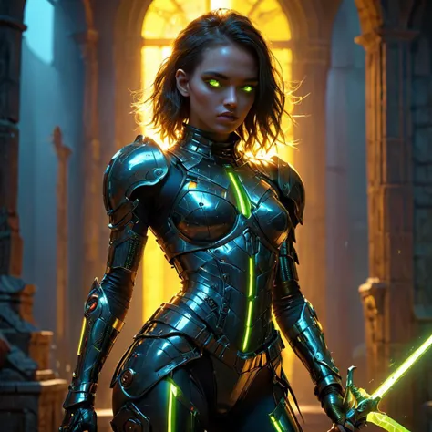 A risque avant-garde fashion show in a castle setting, full-body shot, model, stylish pose, sashay, wearing sexy armor, (showing skin:0.7), brightly glowing neon chartreuse armor, holding a glowing sword, (wearing a futuristic cyberpunk wrap-around cyclops monolens on eyes:1.5), heels, BREAK, runway, stone road, detailed background, BREAK, semirealistic, ray-traced, deep DoF, high contrast, vibrant colors, color graded, light leaks, lens flare, soft shadows, masterpiece, highest quality, UHD, 8k, award-winning, trending on artstation, high-budget, BREAK, 
HKStyle, extremely detailed, fixl-art