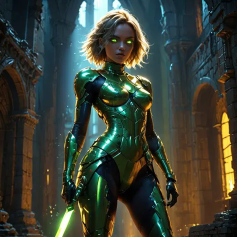 A risque fashion show in a castle setting, viewed from below, model, stylish pose, sashay, wearing sexy armor, showing skin, nsfw, brightly glowing neon chartreuse armor, holding a glowing sword, (wearing a futuristic cyberpunk wrap-around cyclops monolens on eyes:1.5), heels, BREAK, runway, stone road, detailed background, BREAK, semirealistic, ray-traced, deep DoF, high contrast, vibrant colors, color graded, light leaks, lens flare, volumetric light scattering, subsurface scattering, soft shadows, masterpiece, highest quality, UHD, 8k, award-winning, trending on artstation, high-budget, BREAK, 
HKStyle, extremely detailed, fixl-art