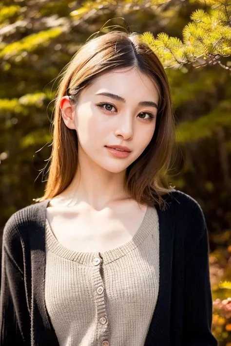 1girl,(wearing a blouse and cardigan:1.2),(RAW photo, best quality), (realistic, photo-realistic:1.4), masterpiece, an extremely delicate and beautiful, extremely detailed, 2k wallpaper, Amazing, finely detail, extremely detailed CG unity 8k wallpaper, ultra-detailed, highres, soft light, beautiful detailed girl, extremely detailed eyes and face, beautiful detailed nose, beautiful detailed eyes,cinematic lighting,(in a beautiful forest of pine trees at a Japanese countryside),(autumn scenery:1.3),(maple trees in autumn),(by a small rocky river),(morning light),perfect anatomy,slender body,smiling, <lora:kaneyamaria_lora:0.8>