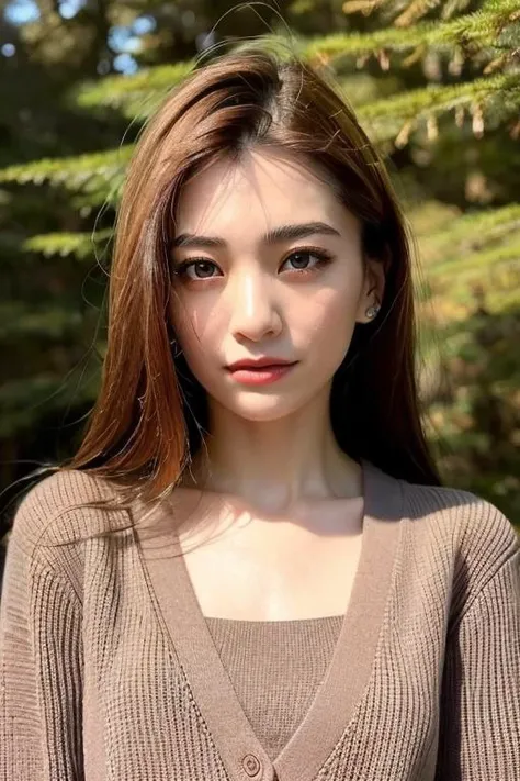 1girl,(wearing a blouse and cardigan:1.2),(RAW photo, best quality), (realistic, photo-realistic:1.4), masterpiece, an extremely delicate and beautiful, extremely detailed, 2k wallpaper, Amazing, finely detail, extremely detailed CG unity 8k wallpaper, ultra-detailed, highres, soft light, beautiful detailed girl, extremely detailed eyes and face, beautiful detailed nose, beautiful detailed eyes,cinematic lighting,(in a beautiful forest of pine trees at a Japanese countryside),(autumn scenery:1.3),(maple trees in autumn),(by a small rocky river),(morning light),perfect anatomy,slender body,smiling, <lora:kaneyamaria_lora:0.8>