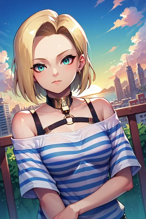 dutch angle, upper body, Android 18,  rating_safe, score_9,  score_8_up, score_7_up, score_6_up, source_anime, 1girl, hbhch4st, striped shirt, off shoulder, padlock, outdoors, sunset, cloud, city, 
<lora:hbch4st-pony:1>