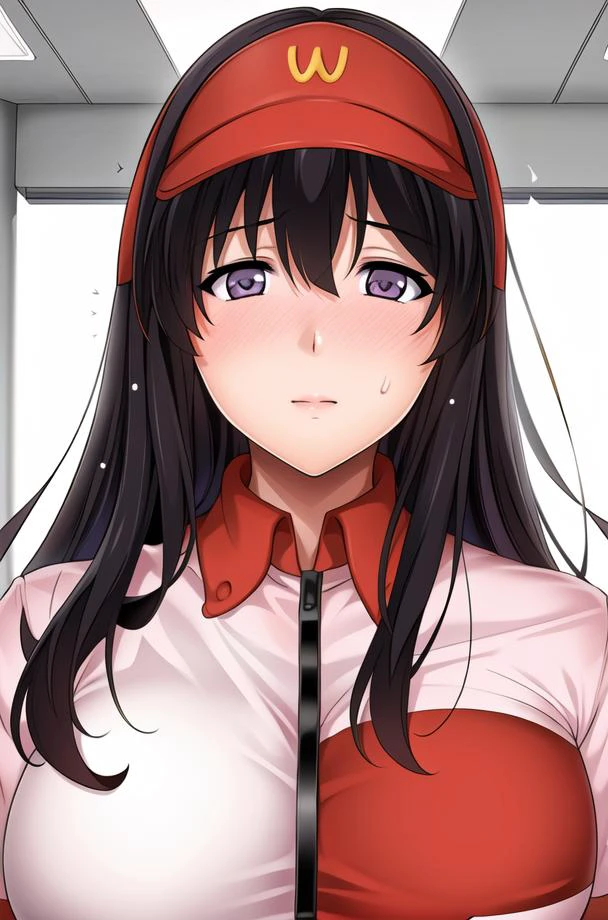 (day),Simple White Background,
employee uniform,pink and red shirt, Black_pencil_skirt,black_pantyhose,
<lora:Miyamoto_Enka_storemanager-KK77-V1:0.7>,red visor cap with W logo,,
bangs,black hair,long hair,purple eyes,
<lora:Mariana_Luciano_NON_VIRGIN-KK77-V1:0.3>,<lora:more_details:0.1>,
1 girl, 20yo,Young female,Beautiful Finger,Beautiful long legs,Beautiful body,Beautiful Nose,Beautiful character design, perfect eyes, perfect face,expressive eyes,perfect balance,
looking at viewer,(Focus on her face),closed mouth, (innocent_big_eyes:1.0),
official art,extremely detailed CG unity 8k wallpaper, perfect lighting,Colorful, Bright_Front_face_Lighting,shiny skin,
(masterpiece:1.0),(best_quality:1.0), ultra high res,4K,ultra-detailed,
photography, 8K, HDR, highres, absurdres:1.2, Kodak portra 400, film grain, blurry background, bokeh:1.2, lens flare, (vibrant_color:1.2),professional photograph,
(Beautiful,large_Breasts:1.4), (beautiful_face:1.5),(narrow_waist),
