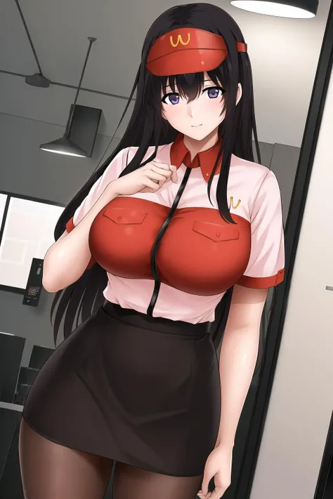 (Night:1.7), in a mcdonald restaurant,
Standing at attention,
employee uniform,pink and red shirt, Black_pencil_skirt,black_pantyhose,
<lora:Miyamoto_Enka_storemanager-KK77-V1:0.7>,red visor cap with W logo,
bangs,black hair,long hair,purple eyes,
1 girl, 20yo,Young female,Beautiful Finger,Beautiful long legs,Beautiful body,Beautiful Nose,Beautiful character design, perfect eyes, perfect face,expressive eyes,
looking at viewer, From Front,(Upper_body),
official art,extremely detailed CG unity 8k wallpaper, perfect lighting,Colorful, Bright_Front_face_Lighting,shiny skin,
(masterpiece:1.0),(best_quality:1.0), ultra high res,4K,ultra-detailed,
photography, 8K, HDR, highres, absurdres:1.2, Kodak portra 400, film grain, blurry background, bokeh:1.2, lens flare, (vibrant_color:1.2)
(Beautiful,large_Breasts:1.4), (beautiful_face:1.5),(narrow_waist),