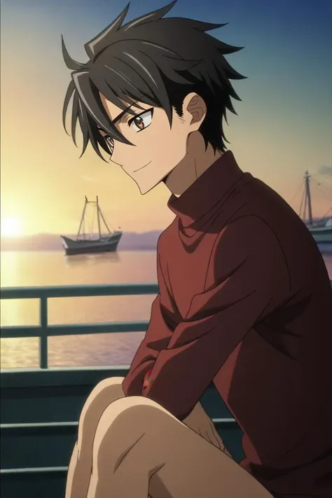 score_9, score_8_up, score_7_up, source_anime, rating_safe, intricate details, anime screencap, , , , depth of field, 1boy, solo, male focus, <lora:takashi_komuro_pony:0.88>, takashi_komuro, black hair, brown eyes, short hair, hair between eyes, from side, boat, ship, dusk, knees up, naughty smile, turtleneck,, <lora:sdxl_lightning_8step_lora:1>