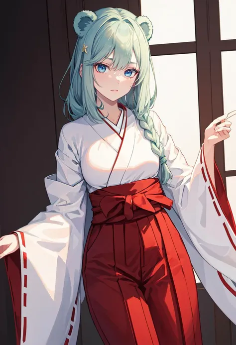 best quality, masterpiece, highres, solo, (istina_arknights:1.10), (white kimono:1.35), (red hakama:1.35), (wide sleeves:1.20), 20 <lora:istina_arknights:0.80>