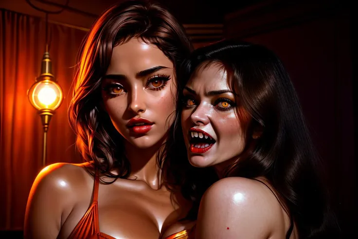 2girls, close-up, photorealism, (yuri:1.1), sexy, 1970s erotic horror, grindhouse cinema, directed by Jess Franco, night, indoors, dim lighting, shadows <lora:LORA-XenoDetailer-v3A:0.3>
ADDCOMM
from front, PriBlle, woman, bare neck and shoulders, dark skin, looking at viewer, short wavy hair, brown eyes, prey, submissive, hypnotized, mind control <lora:PriyaBelle_v2:0.8>
ADDCOL
(SndyPrz:0.9), (vampire:1.2), (fangs:1.3), biting, (pale skin:1.2), (yellow eyes:1.2), open mouth, teeth, MILF, predator, seductive, powerful <lora:SndyPrz:0.6>