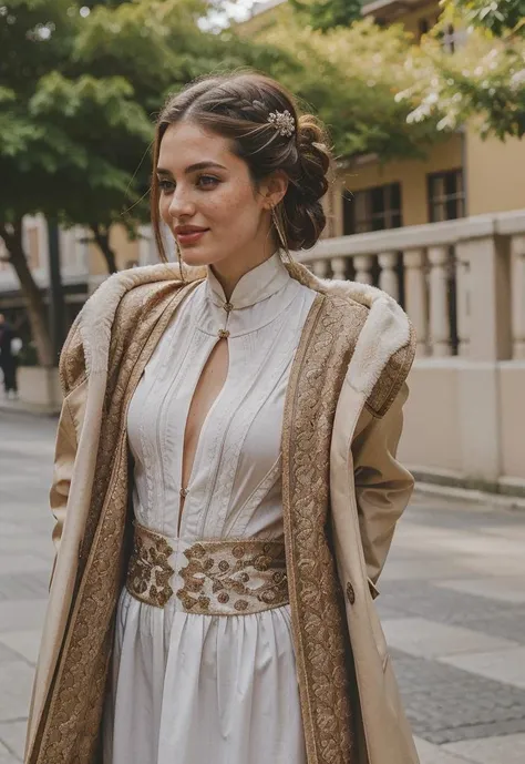 a woman in a white dress and coat walking down a street