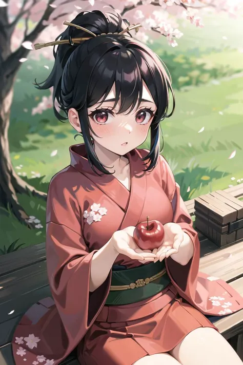 masterpiece, best quality, cowboy shot, view from above, 1girl, black hair, short hair, high ponytail, medium breasts BREAK (red kimono:1.2), showing cleavages, sitting on the grass, cherry blossoms,
<lora:cupping hands:0.8> cupping hands, holding apple,
<lora:tareme:0.85>, tareme, red eyes, blush, (:3), looking at viewer,
in the park