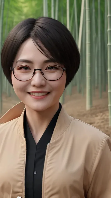 ikunak2023, 8k, uhd, best quality, masterpiece, cinematic lighting, 1girl, glasses, smile, skin pores, detailed face, detailed eyes, photorealistic, wearing red samurai armor, bamboo forest, action shot