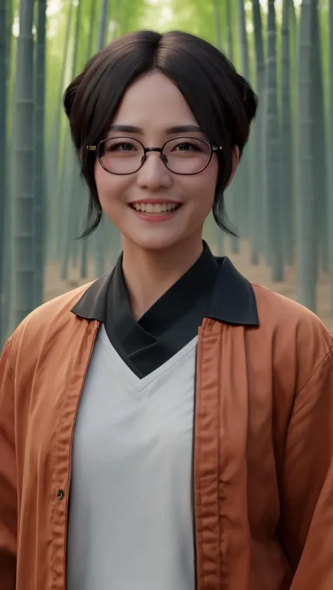 ikunak2023, 8k, uhd, best quality, masterpiece, cinematic lighting, 1girl, glasses, smile, skin pores, detailed face, detailed eyes, photorealistic, wearing red samurai armor, bamboo forest, action shot