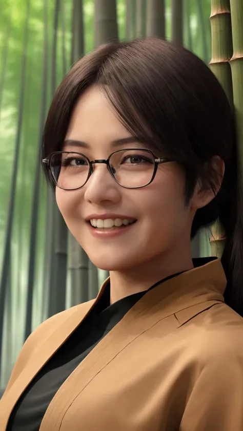 ikunak2023, 8k, uhd, best quality, masterpiece, cinematic lighting, 1girl, glasses, smile, skin pores, detailed face, detailed eyes, photorealistic, wearing red samurai armor, bamboo forest, action shot