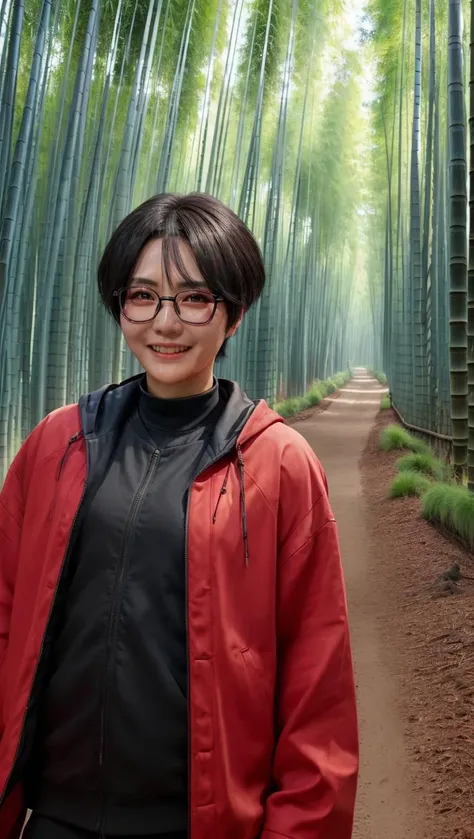 ikunak2023, 8k, uhd, best quality, masterpiece, cinematic lighting, 1girl, glasses, smile, skin pores, detailed face, detailed eyes, photorealistic, wearing red samurai armor, bamboo forest, action shot