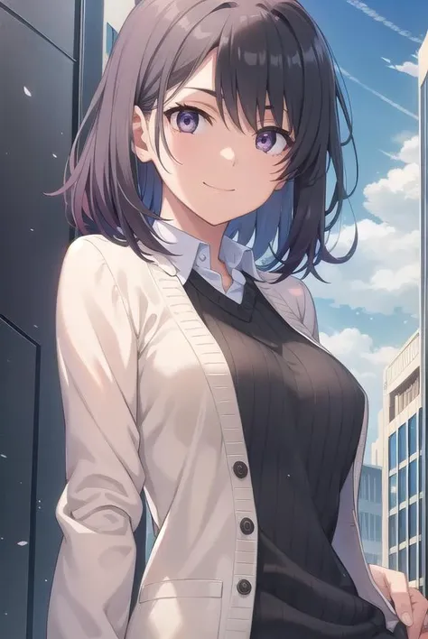 harunoyukinoshita, <lora:haruno yukinoshita-lora-nochekaiser:1>,
haruno yukinoshita, short hair, hair between eyes, (black eyes:1.5), black hair, gradient hair, two-tone hair, purple hair, smile,
BREAK shirt, white shirt, collared shirt, cardigan, black cardigan,
BREAK outdoors, city, sky, sun, people, crowd, buildings, clouds,
BREAK looking at viewer,
BREAK <lyco:GoodHands-beta2:1>, (masterpiece:1.2), best quality, high resolution, unity 8k wallpaper, (illustration:0.8), (beautiful detailed eyes:1.6), extremely detailed face, perfect lighting, extremely detailed CG, (perfect hands, perfect anatomy),