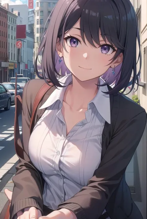 harunoyukinoshita, <lora:haruno yukinoshita-lora-nochekaiser:1>,
haruno yukinoshita, short hair, hair between eyes, (black eyes:1.5), black hair, gradient hair, two-tone hair, purple hair, smile,
BREAK shirt, white shirt, collared shirt, cardigan, black cardigan,
BREAK outdoors, city, sky, sun, people, crowd, buildings, clouds,
BREAK looking at viewer,
BREAK <lyco:GoodHands-beta2:1>, (masterpiece:1.2), best quality, high resolution, unity 8k wallpaper, (illustration:0.8), (beautiful detailed eyes:1.6), extremely detailed face, perfect lighting, extremely detailed CG, (perfect hands, perfect anatomy),
