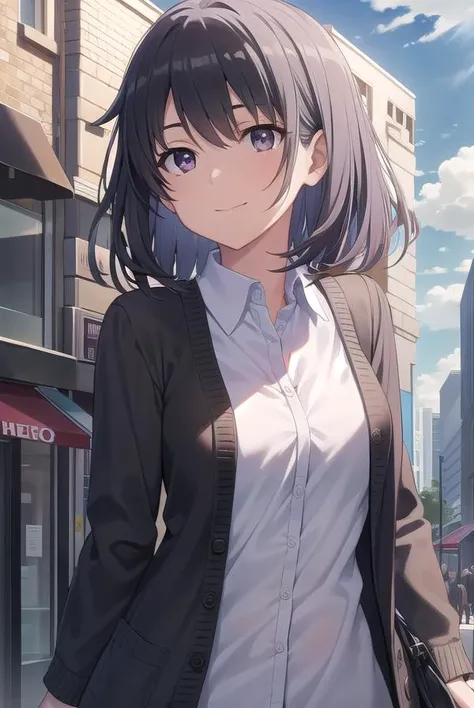 harunoyukinoshita, <lora:haruno yukinoshita-lora-nochekaiser:1>,
haruno yukinoshita, short hair, hair between eyes, (black eyes:1.5), black hair, gradient hair, two-tone hair, purple hair, smile,
BREAK shirt, white shirt, collared shirt, cardigan, black cardigan,
BREAK outdoors, city, sky, sun, people, crowd, buildings, clouds,
BREAK looking at viewer,
BREAK <lyco:GoodHands-beta2:1>, (masterpiece:1.2), best quality, high resolution, unity 8k wallpaper, (illustration:0.8), (beautiful detailed eyes:1.6), extremely detailed face, perfect lighting, extremely detailed CG, (perfect hands, perfect anatomy),