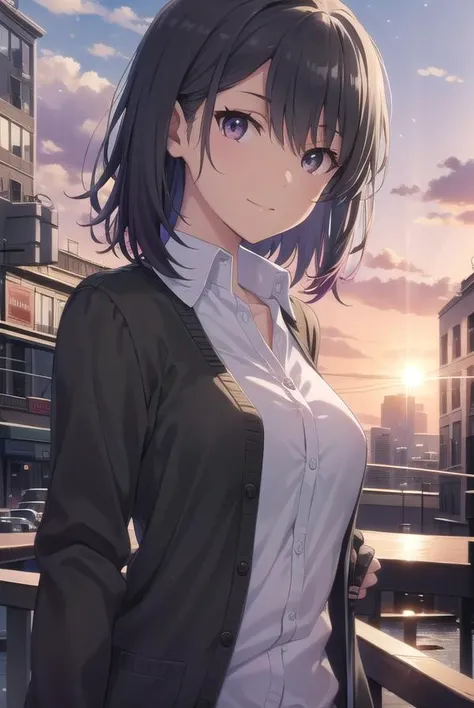 harunoyukinoshita, <lora:haruno yukinoshita-lora-nochekaiser:1>,
haruno yukinoshita, short hair, hair between eyes, (black eyes:1.5), black hair, gradient hair, two-tone hair, purple hair, smile,
BREAK shirt, white shirt, collared shirt, cardigan, black cardigan,
BREAK outdoors, city, sky, sun, people, crowd, buildings, clouds,
BREAK looking at viewer,
BREAK <lyco:GoodHands-beta2:1>, (masterpiece:1.2), best quality, high resolution, unity 8k wallpaper, (illustration:0.8), (beautiful detailed eyes:1.6), extremely detailed face, perfect lighting, extremely detailed CG, (perfect hands, perfect anatomy),