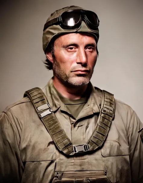A modern warfare soldier, fully equipped, features a detailed half-portrait. The soldier's face is rugged, with sharp, focused eyes that reflect a battlefield's intensity, a stern jawline, and a dust-streaked face that tells tales of frontline combat. They are wearing a combat helmet that sits snugly on the head, with a night vision goggle mount visible on the front. The helmet's texture shows signs of wear and the camouflage pattern is distinct and well-integrated with the uniform's overall design, <lora:SDXL1.0-LoRa_Zeitgeist-Photographic-Style_by-AI_Characters-v2.0:1>