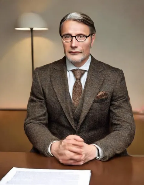 A university professor, portrayed in a detailed half-portrait, displays a countenance of wisdom and experience. The professor's facial features are finely rendered, with piercing, knowledgeable eyes behind rounded spectacles, a gentle frown denoting concentration, and the subtle hint of a smile suggesting approachability. They wear a tailored tweed jacket, indicative of academic tradition, with a crisp, white shirt visible underneath. Completing the scholarly aesthetic, a book-laden office serves as a backdrop, with the soft glow of a desk lamp casting warm light across their visage, <lora:SDXL1.0-LoRa_Zeitgeist-Photographic-Style_by-AI_Characters-v2.0:1>