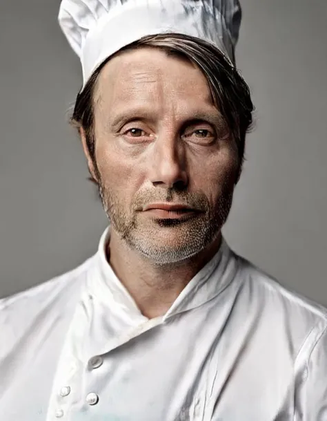 A stern chef, portrayed in a detailed half-portrait, with sharp, discerning eyes and an unwavering, focused gaze that commands the kitchen battleground. The chef's face is marked by a no-nonsense attitude, with a rigid jawline set in concentration. A chef's hat sits firmly, a symbol of authority, while the uniform is pristine yet suggests a readiness for the controlled chaos of culinary creation, <lora:SDXL1.0-LoRa_Zeitgeist-Photographic-Style_by-AI_Characters-v2.0:1>