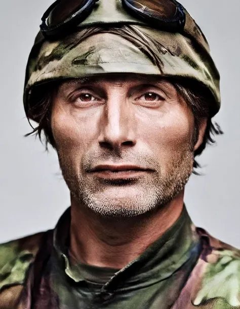 A modern warfare soldier, fully equipped, features a detailed half-portrait. The soldier's face is rugged, with sharp, focused eyes that reflect a battlefield's intensity, a stern jawline, and a dust-streaked face that tells tales of frontline combat. They are wearing a combat helmet that sits snugly on the head, with a night vision goggle mount visible on the front. The helmet's texture shows signs of wear and the camouflage pattern is distinct and well-integrated with the uniform's overall design, <lora:SDXL1.0-LoRa_Zeitgeist-Photographic-Style_by-AI_Characters-v2.0:1>