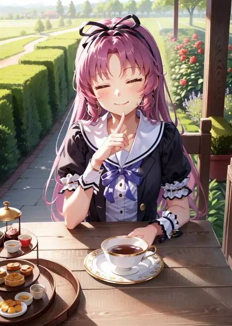 masterpiece, best quality, renne_sen, hair ribbon, black jacket, purple shirt, short sleeves, white skirt, thigh band, sitting, round table, fancy tea set, tea party, food on table, night, closed eyes, smiling, garden, outdoors <lora:renne-nv-v1-000012:0.9>