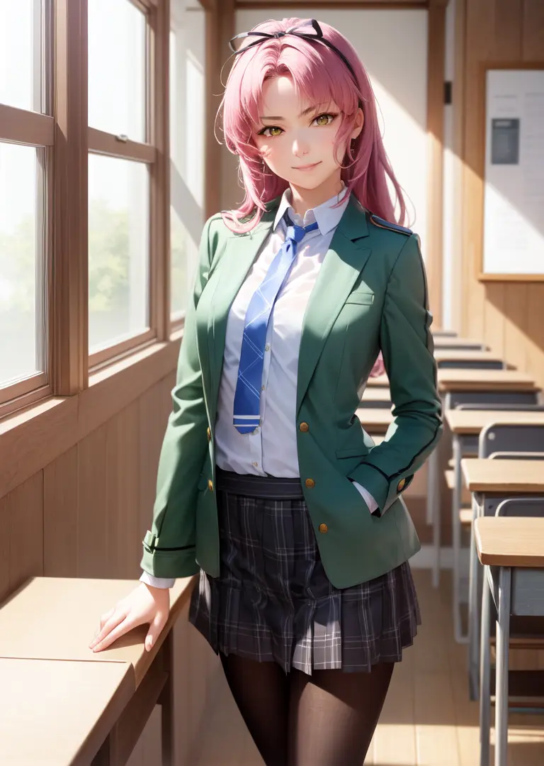 masterpiece, (realistic:1.3), photorealistic, best quality, renne_kuro, hair ribbon, green jacket, blue necktie, white shirt, black skirt, black pantyhose, upper body, smirk, hand to face, standing, classroom<lora:renne-nv-v1-000012:0.9>