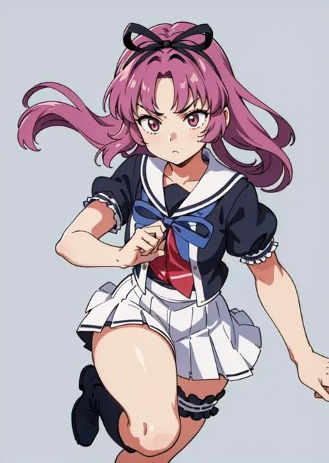 masterpiece, best quality, renne_sen, hair ribbon, black jacket, purple shirt, short sleeves, white skirt, thigh band, cross-laced boots, simple background, action pose, blue background <lora:renne-nv-v1-000012:0.9>